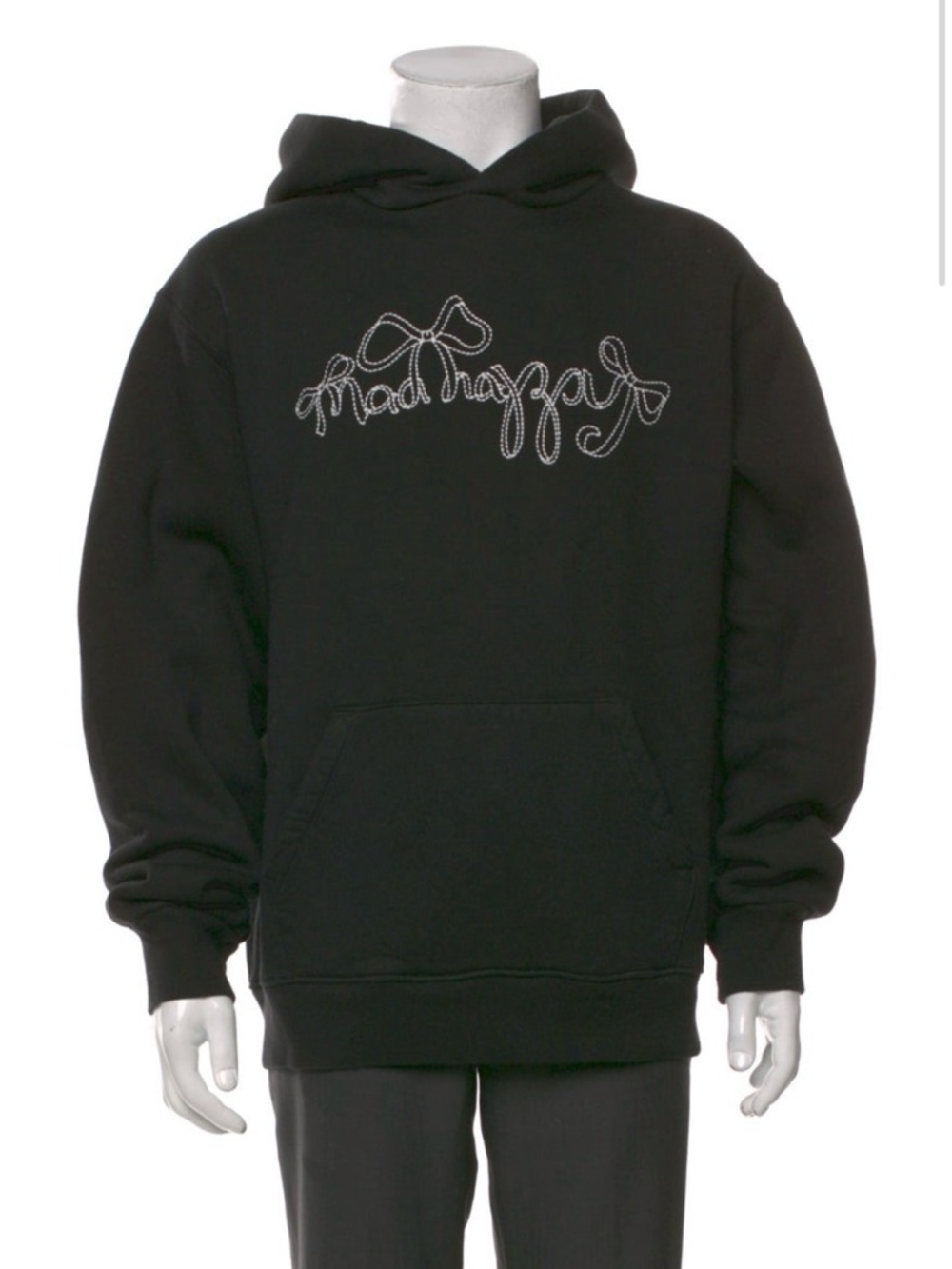 Mad Happy Black Hoodie with Decorative Script and Bows